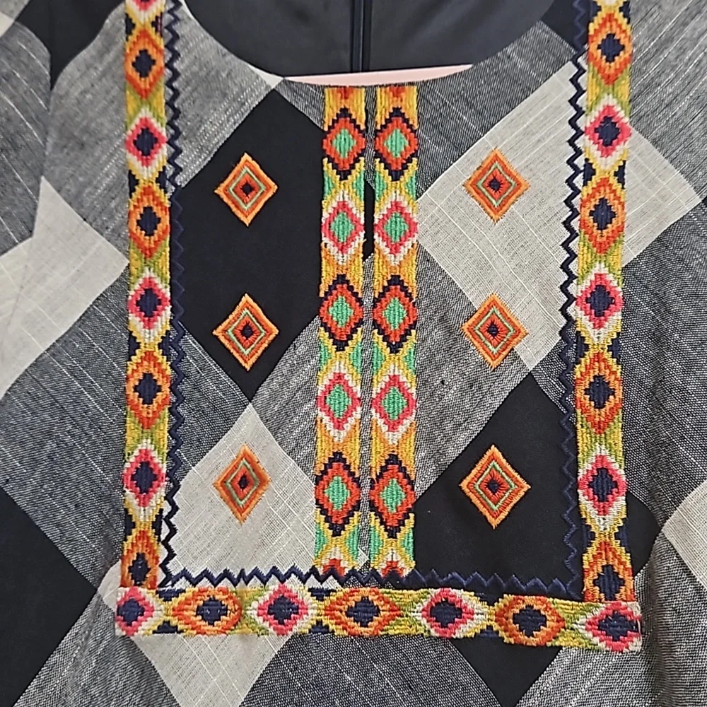 THML Checkered embroidered fringe sleeves dress women's size Medium - Picture 5 of 12